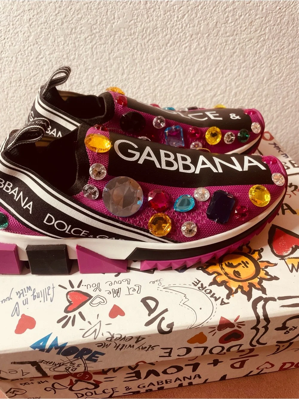 Dolce & Gabbana Hot Pink Jeweled Logo Slip-On Sneakers